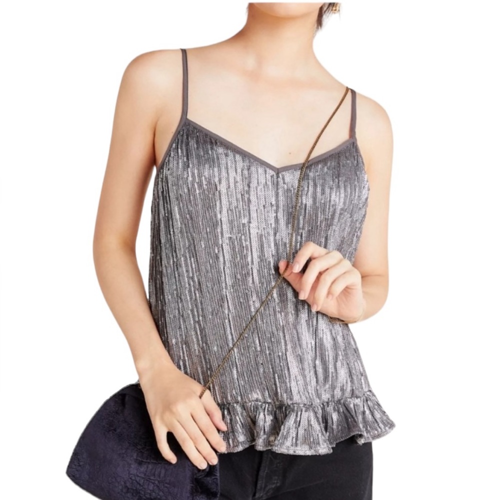Anthropologie “Amelie” Beaded Sequin Cami Ruffle Hem Pewter Tank Top (D-1)